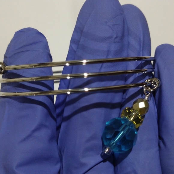 Silver tone Wire Bangle Bracelet Blue Yellow Beaded Charm Elegant Women Jewelry - Picture 7 of 8